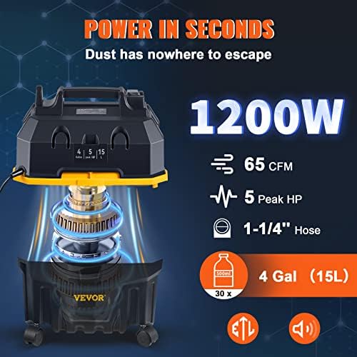VEVOR 4-Gallon 5.0 Peak HP Wet Dry Shop Vacuum with Blowing Function - Image 3