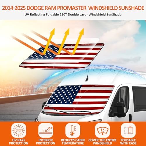 Bestview American Flag Windshield Sunshade for 2014-2024 2025 Dodge Ram ProMaster: Cargo Van Window Sun Shade, Front Window Shield Sun Visor Protector Reflector Block UV Rays Heat Keep Car Cooler - Image 3