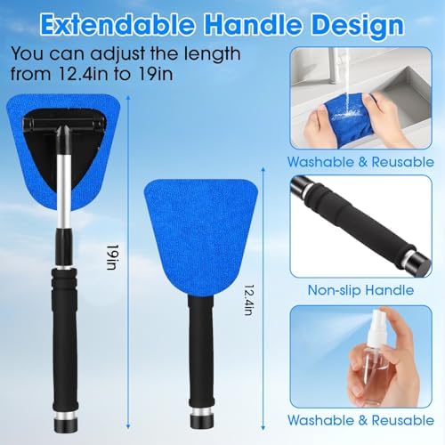 Windshield Cleaner Tool, Car Interior Cleaning Kit with Extendable Handle and 3 Reusable Microfiber Pads, Auto Glass Wiper and Detailing Brush Kit for Car & Home Window, Blue - Image 3
