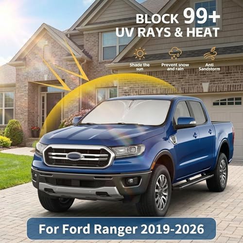 Windshield Sun Shade for Ford Ranger 2019-2024 2025 2026 Sunshade Front Window Shade Custom Fit Ranger Accessories Sun Visor Foldable Shade Blocks UV Rays Accessories - Image 2