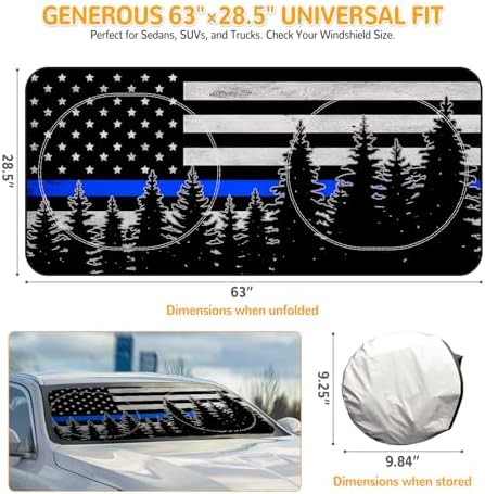 Windshield Sun Shade for Car, 63"x28.5" Stylish Printed Front Window Sunshade with Double Steel Ring Frame, Universal Fit Foldable Heat Blocker & UV Protector, with Storage Pouch (Bline Line Flag) - Image 2