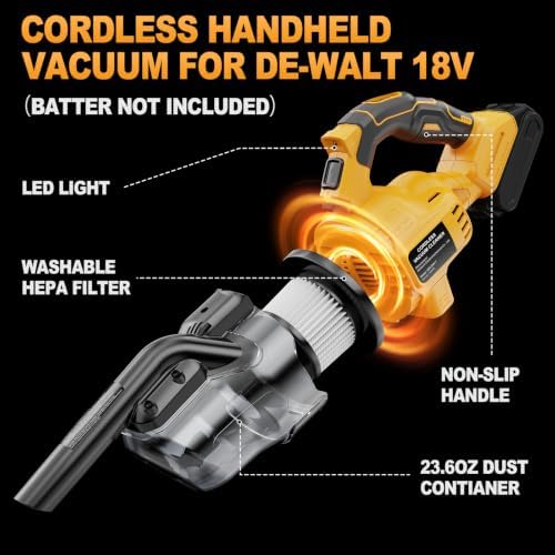 Cordless Vacuum Compatible with Dewalt 20V Battery, Portable Handheld Vacuum Cleaner with 2 HEPA Filter, 4 Multi Nozzle, Power Shop Vacuum for Home, Car, Floor, Carpet (Battery Not Included) - Image 3