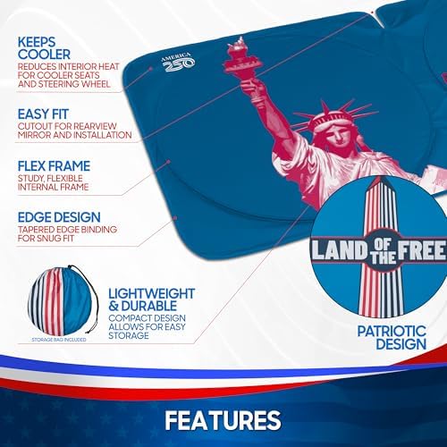 Motor Trend Statue of Liberty Washington Monument Windshield Sun Shade America 250 Pop Up Patriotic Car Sunshade Split Design Protection Heat Blocker Foldable Cover Truck SUV 4th of July Memorial Day - Image 5