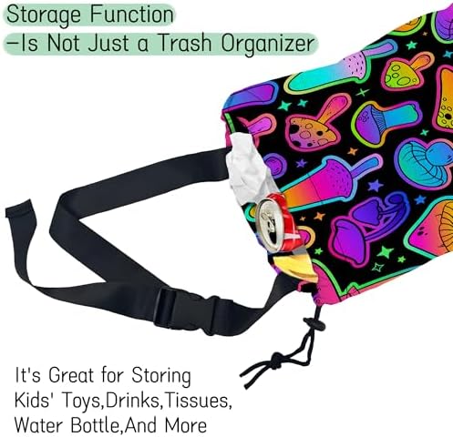 Bright Mushrooms Car Garbage Bag,Colorful Mushroom Waterproof Small Car Trash Bag Hanging Back of Seat,Drawstring Hanging Car Trash Bag with Adjustable Buckle for Car Accessories - Image 4