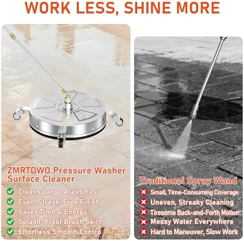 18" Pressure Washer Surface Cleaner with 4 Wheels, 4000 PSI Max Stainless Steel Surface Cleaner for Pressure Washer, 2 Extension Wands, 1/4" Quick Plug, for Concrete, Patio, Sidewalk, Deck - Image 3