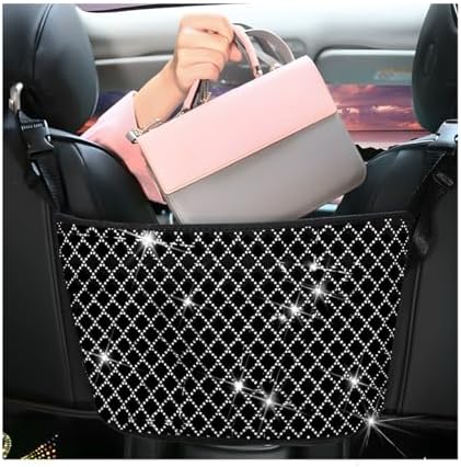 zipelo Bling Car Net Pocket Handbag Holder, Rhinestone Vehicle Backseat Purse Organizer Between Seats, Diamond Hanging Storage Bag Barrier of Pet Kids, Universal Automotive Accessories (White) by zipelo