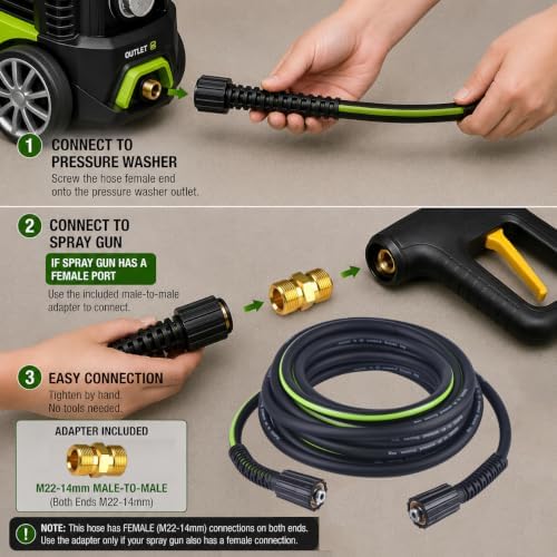 Pressure Washer Hose 1/4" × 50FT - 3200 PSI Heavy Duty Power Washer Hose Replacement with M22-14mm Aluminum Fittings, Flexible Kink-Resistant Hose for M22-14mm Compatible Pressure Washers - Image 3