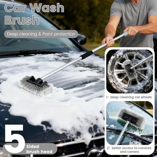 Car Wash Brush with Long Handle, 60'' Soft Bristle Cleaning Brush, Car Cleaning Brushes, Carwash Brushes for SUV, RV, Boat, Truck, House Siding, Sweep Snow, Gray - Image 2