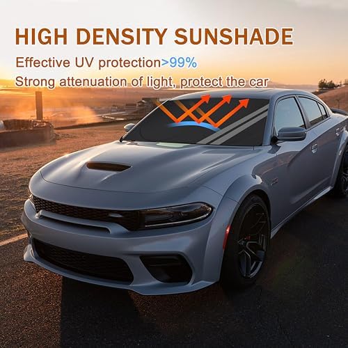 Front Windshield Sun Shade Fit for Dodge Charger Challenger Durango Journey Universal Fit to All Dodge Cars Foldable Sun Visor Protector Custom Fit Dodge Window Sunhade (Black Gray) - Image 2
