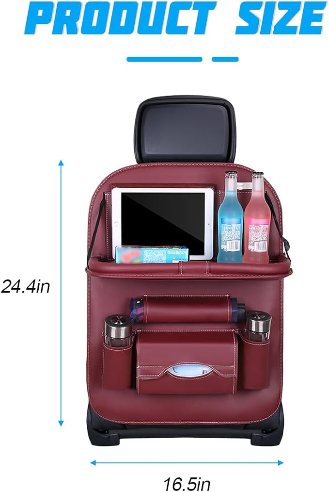 Leather Seat Back Organizer with Foldable Table Tray, Wine Red | kick-mat function, rear-seat protective surface, multifunctional use, fits most cars SUVs and trucks, interior item - Image 2
