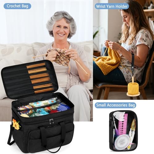 Crochet Organizer Bag with Yarn Holder, Large Yarn Storage for Accessories | 3PCS Crochet Knitting Bag with Accessory Pouch for Hooks, Needles, Travel Tote, Crochet Lovers, Gift for Crafters, No-Tangle - Image 2