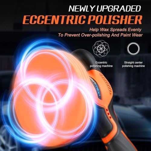 Protmex Cordless Car Buffer Polisher w/ 2x2000mAh 21V Batteries, Orange - Image 3