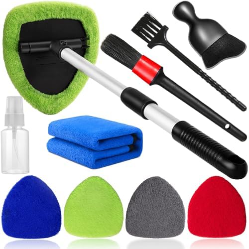 Qydipclin 10pcs Windshield Cleaning Tool Inside Car Window Cleaner Wash Kit with 4 Reusable Microfiber Pads 1 Spray Bottle and Extendable Handle Interior Auto Glass Wiper Kit, Multicolor by Qydipclin