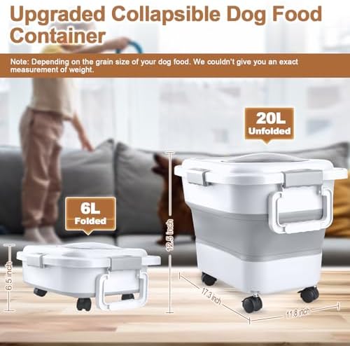 Dog Food Storage Container, 10-20 lbs Airtight Collapsible Cat Food Storage Container with Attachable Wheels, Portable Handle, Dog Food Scoop for Dog Cat Bird Pet Dry Food Storage Bin Light Grey - Image 2
