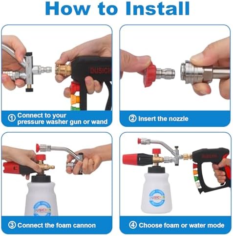 DUSICHIN Short Wand Pressure Washer Gun Foam Cannon 1/4" Quick Connector Pressure Washer Accessory,Car Wash Foam Gun Dual Ended Shift Connector 5 Pressure Washer Nozzles M22-14, M22-15 Brass Fittings - Image 6