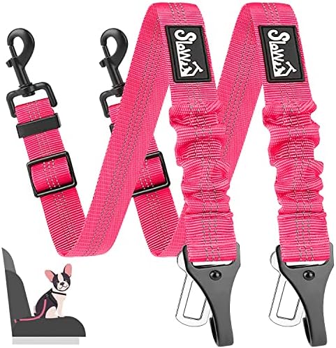 SlowTon Dog Car Seat Belt, 3 in 1 Latch Bar Attachment Dog Safety Seatbelt | Hook Latch Bar& Seatbelt Buckle, Reflective, Heavy Duty Nylon, Durability, Easy of Use, for Travel Riding FL Pink, 2 Pack by SlowTon