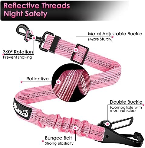 SlowTon Dog Car Seat Belt, 3 in 1 Latch Bar Attachment Dog Safety Seatbelt | Hook Latch Bar& Seatbelt Buckle, Reflective, Heavy Duty Nylon, Durability, Easy of Use, for Travel Riding, Pink, 27.5" - Image 4