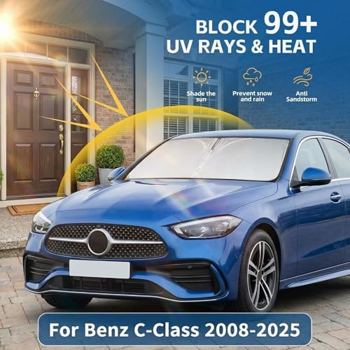 Windshield Sun Shade for Benz C-Class 2008-2024 2025 Sunshade Front Window Shade Custom Fit C-Class W205 C250 C300 C400 SLK SLS CLA CLS CL-Class Sun Visor Foldable Shade Blocks UV Rays Accessories - Image 2