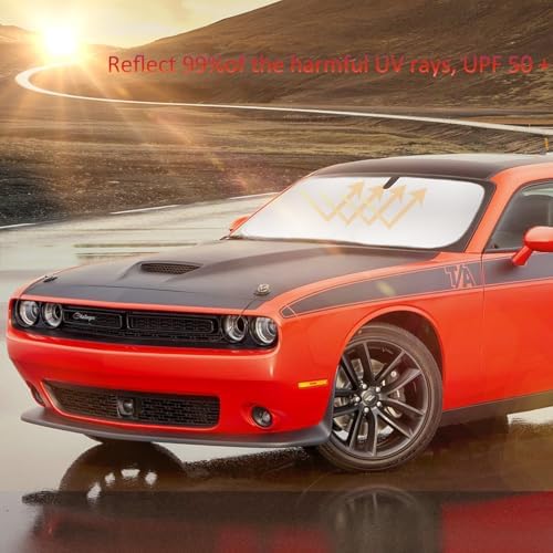 Windshield Sun Shade for 2015-2024 2025 Dodge Challenger Accessories Front Window Sunshade with 210T Sun Visor Protector Blocks UV Rays Heat Sun Shield Keep Car Cooler - Image 2