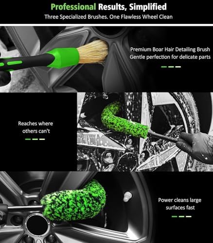 YeewayVeh 3PCS Quick Car Wheel Brush Kit, 360° Bendable Rim Cleaner, Green - Image 2