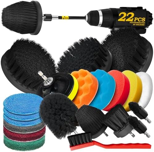 Holikme 22Pack Drill Brush Attachments Set, Scrub Pads & Sponge, Buffing Pads, Power Scrubber Brush, Car Polishing Pad Kit,Wax Applicator Pad,Car Cleaning Kit，Cleaning Supplies，Masonry Brushes,Black by Holikme