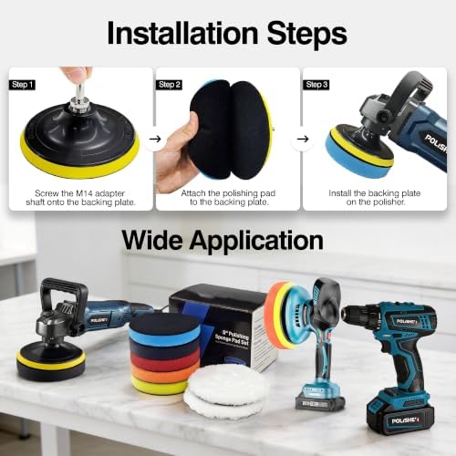 9Pcs Buffing Polishing Pads Kit, 5 Inch Buffing Pads, Sponge & Woolen Pads with M14 Drill Adapter & Backing Plate for Car Care, Polishing, Washing, Cleaning, Waxing - Image 6