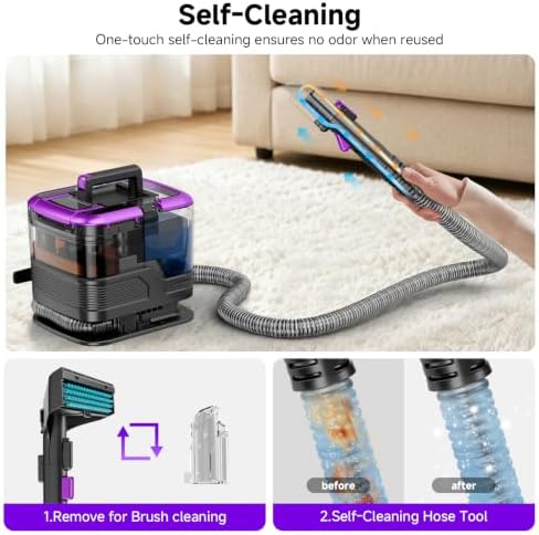 Portable Carpet Cleaner & Upholstery Cleaner Machine - 21Kpa Carpet Cleaner Machine, Self-Cleaning, Deep Cleaner for Pet Stains, Cars, Couch, Rug, Furniture with Dual Brush, Large Tank, Purple - Image 5
