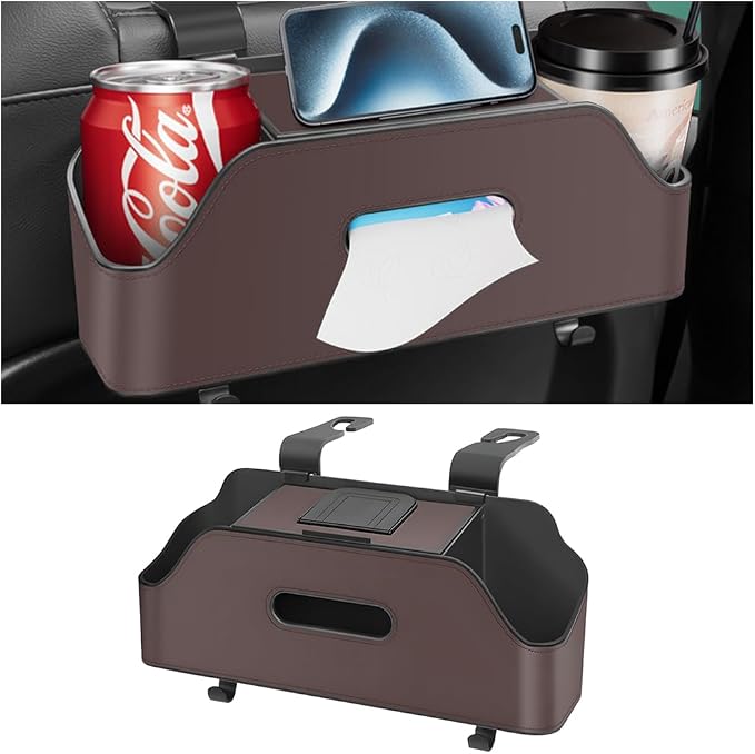 Zipelo Car Headrest Backseat Organizer with Cup Holder, Multi-Functional Vehicle Seat Back Hanging Storage Box with Hooks, Auto Drink Snack Phone Tray Travel Accessories for Kids Adults (Brown) by zipelo