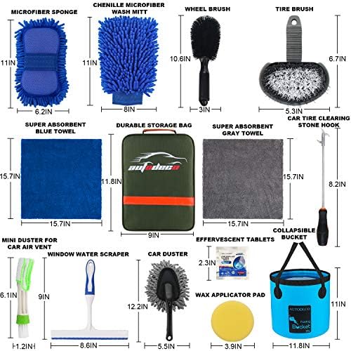 22Pcs Car Wash Cleaning Tools Kit Car Detailing Set with Olive Green Canvas Bag Collapsible Bucket Wash Mitt Sponge Towels Tire Brush Window Scraper Duster Complete Interior Car Care Kit - Image 6