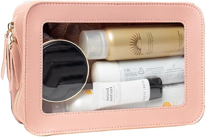 Clear Makeup Bag, Pink Travel Makeup Pouch Toiletry Bag for Women Waterproof Small Cosmetic Bag Case Small Make Up Bag with Zipper Car Organizer Car Essentials for Women Men by FFpaw