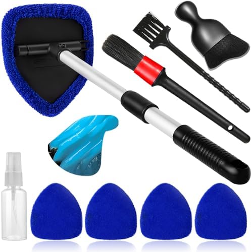 Qydipclin 10pcs Windshield Cleaner Tool, Car Window Cleaning Wash Kit with 4 Reusable Microfiber Pads 1 Spray Bottle and Extendable Handle Auto Glass Wiper Kit, Blue by Qydipclin