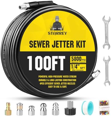 Sewer Jetter Kit for Pressure Washer 100ft 1/4 Inch NPT by Starrey