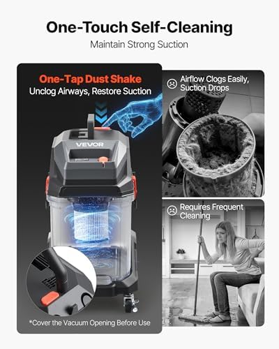 VEVOR Commercial Shop Vac, 11 Gallon Wet Dry Shop Vacuum, 5.5 Peak HP Portable with One-Button Self-Cleaning, 1350W Input, 1.25in x 7ft Hose, 20ft Cord, Industrial-Grade for Jobsite, Workshop - Image 4