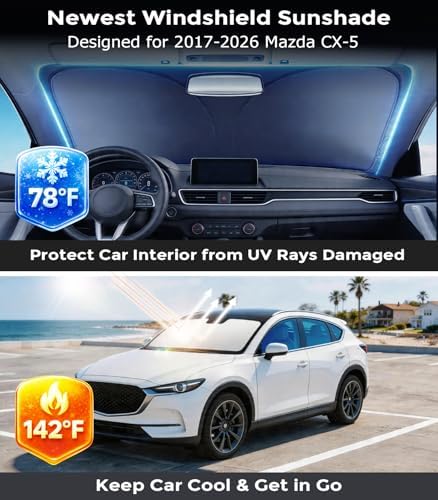 DMJN Front Windshield Sun Shade for Mazda CX5 (2017-2026), [Nano Ice-Crystal Coatings] UPF50+ Heat & UV Block, Protect Car Interior & Keep Cool, Flodable Steel-Ring Car Cover for Summer - Image 2