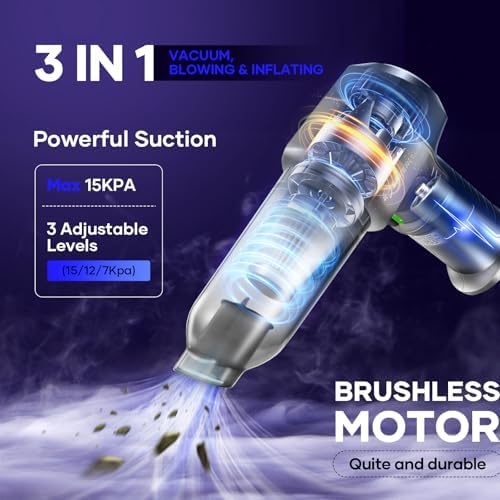 SakerPlus Mini Vacuum Cleaner, 3 in 1 Car Vacuum Cleaner High Power, 15000PA Powerful Suction, Air Duster, 7500mAh, Dual Filter,Adjustable Small Vaccum Portable Cordless for Cars,Desktop - Deep Blue - Image 2