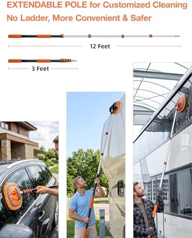 17ft Telescopic Pole with Car Wash Brush and Window Squeegee Kit, 3-12 ft Extension Pole, Bristles Wash Brush, Chenille Mop & Wash Mitt, Wheel Brush for Outdoor Cleaning Supplies for Roof, RV, Truck - Image 2