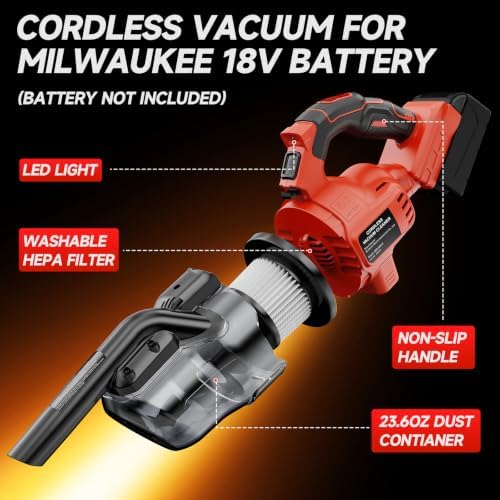 Cordless Vacuum Compatible with Milwaukee M18 Battery, Handheld Vacuum Cleaner for Home Pet Hair Car, 5-in-1 Portable Shop Vac with 2 Washable HEPA Filter, 4 Multi Nozzle (Battery Not Includ) - Image 3