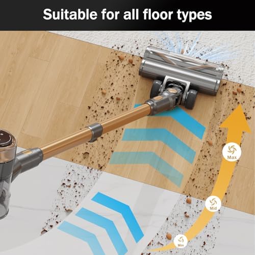 Cordless Vacuum Cleaner, 10-in-1 Lightweight Stick Vacuum with 45mins Runtime, Powerful Suction, LED Touch Screen, Rechargeable Vacuum Cleaners for Home Hardwood Floor Carpet Pet Hair (Gold) - Image 4