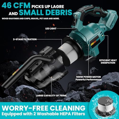 Cordless Vacuum for Makita Battery, 5 in 1 Lightweight Handheld Vacuum Cleaner with 500W Powerful Motor, 46 CFM Portable Hand Vacuum with Filtration HEPA for Floor, Carpet(Battery Not Included) - Image 4
