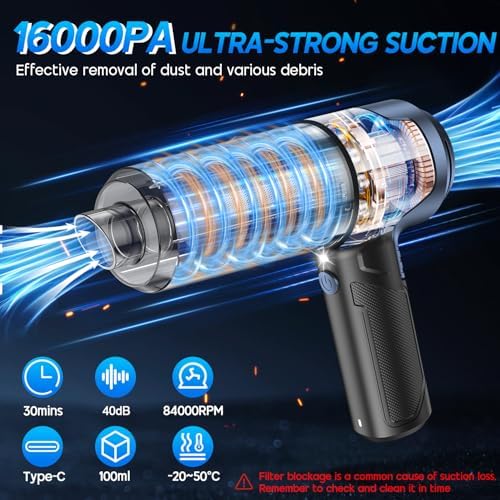 Handheld Car Vacuum Cleaner, 16000PA Hand Held Vacuum Portable Cordless, 2 in 1 Air Duster and Vacuum Cleaner with LED Light, Multi-Nozzles, 120W High Power Mini Vacuum for Home, Pet, Office - Image 3