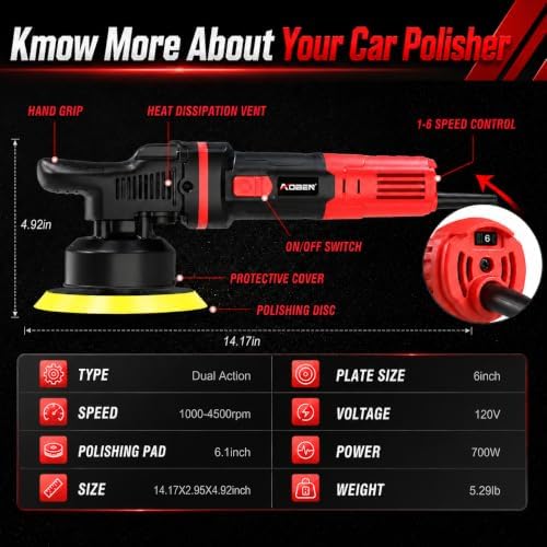 AOBEN Car Buffer Polisher,6 inch Dual Action Polisher,Random Buffer Polisher kit with 6 Variable Speed 1000-4500rpm,Detachable Handle,4 Buffing Pads for Car Detailing Polishing and Waxing - Image 2