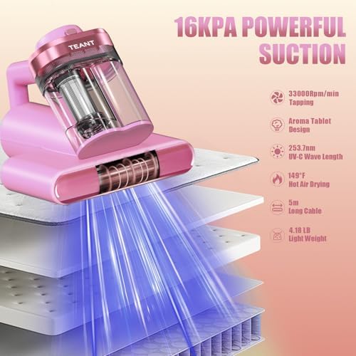 Teant Mattress Bed Vacuum Cleaner, 16 kPa Suction & 253.7nm UV-C, MV-Pink - Image 2