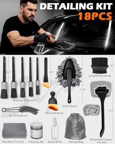 Windshield Cleaner Tool, 18Pcs Car Interior Detailing Brush Set, Inside Windshield Cleaning Kit with 200g Cleaning Gel, Duster Brush, 2 Microfiber Pads, Car Detailing Supplies for Men (Gray) - Image 2