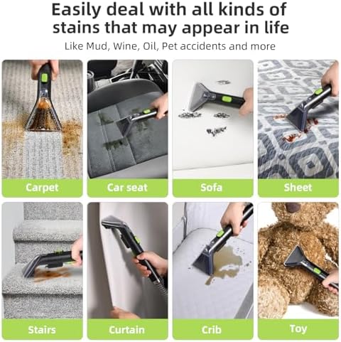 Slevoo 450W Portable Carpet Cleaner Machine with 1 Bottle Cleaning Solutions, Strong Suction Upholstery and Furniture Cleaner for Cleaning Stairs, Car Interiors, for Pet Footprint, Dust, Oil (Green) - Image 6