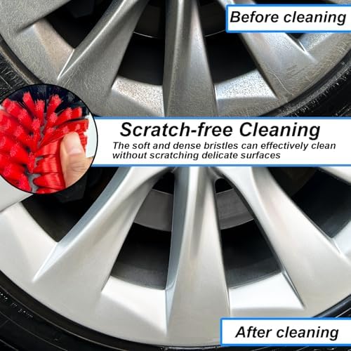 Wheel Brush Kit, Soft Drill Wheel Cleaner Brush, No Scratches Highly Dense Car Cleaning Brush Set for Wheels, Rims, Engines, Exhaust(Red/Black,2Pcs) - Image 3