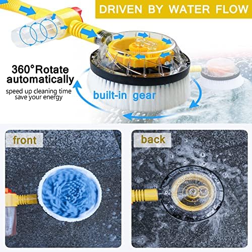 Car Wash Brush with Hose Attachment, 360 Spin Car Wash Brush with Soap Dispenser, Soft Bristle Car Cleaning Brush Mop Scrub Brush, Flow Through Car Washing Brush Kit Long Handle (Yellow) - Image 3
