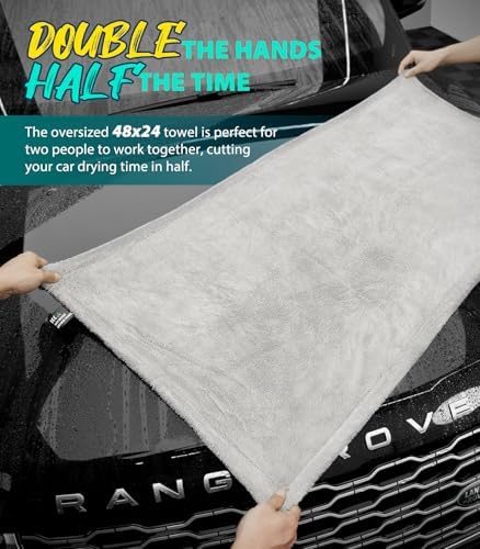 KKV Full-Sized SUV Drying Towel, 48”x24” Dual Sided Microfiber Car Cleaning Towel with Twisting Yarn Technique, 1400GSM Super Absorbent, Scratch-Free, Machine Washable (LightGrey-MarineBlue) - Image 6