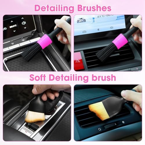 Pink Windshield Cleaner Tool, Car Interior Cleaning Kit with Extendable Handle and 3 Reusable Microfiber Pads, Auto Glass Wiper and Detailing Brush Kit for Car & Home Window - Image 6