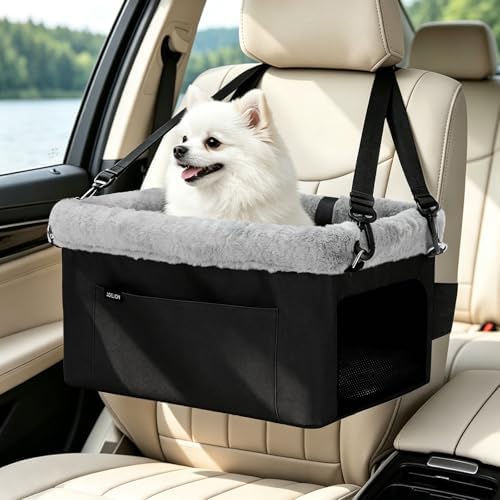 JOEJOY Deluxe Dog Booster Seat with Sturdy Metal Frame and Safety Leash for Small Pets up to 20 lbs - Portable Puppy Dog Car Seat with Thick Cushion and Storage Pockets for Small Dogs, Black by JOEJOY