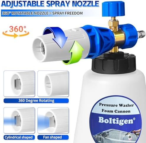 Boltigen Pressure Washer Foam Cannon with Dual Connector, 1L Thick Snow Foam Blaster, Adjustable Foam Sprayer with 1/4" Quick Connect & M22-14 Adapter for Cars, Trucks, SUVs, Motorcycles - Image 4